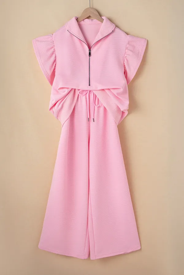 Pink Textured Ruffled Sleeve Zipped Top and Wide Leg Trousers Set - Pink / / 95%Polyester+%Elastane