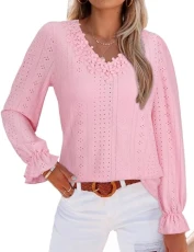 Pink Tops for Women UK, Long Sleeve Blouse for Women Lace Tops for Women V Neck Tops Puff Long Sleeve Tops Fall Winter Tops Casual Plain Tops Ladies Elegant Tops Womens Smocked Tops