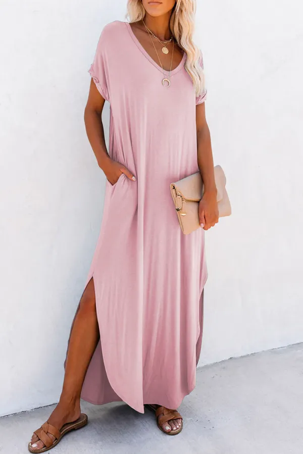 Pink V Neck Hidden Pocket Splits Maxi T-shirt Dress - Pink / / 65%Polyester+%Viscose+%Elastane - Pink