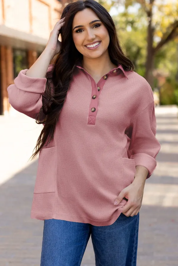 Pink Waffle Long Sleeve Collar Half Button Loose Top - PINK / / 75%POLYESTER+%COTTON - PINK