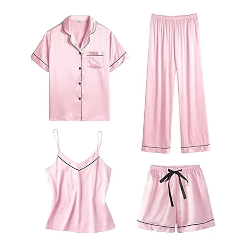 Pink Womens Pyjamas Ribbed V Neck Summer Sleepwear Cotton Cropped Bottoms Women Pyjamas Set Button down Pj's Sets Soft Lounge Sets Valentine S Day Gift for Him Travelling Sale Clearance