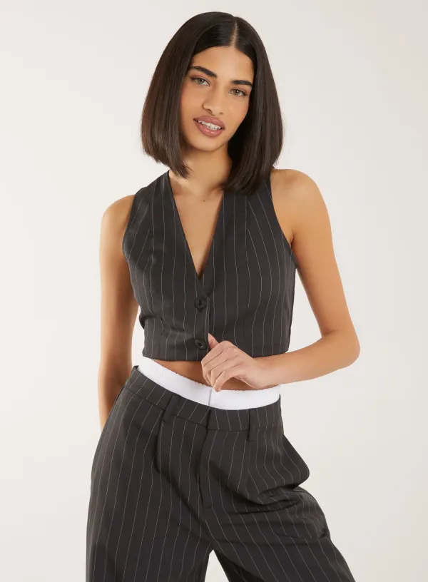 Pinstripe Cropped Waistcoat - 12 - CHARCOAL