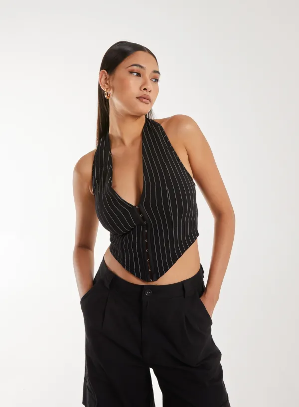 Pinstripe Eyelet Waistcoat - - Black