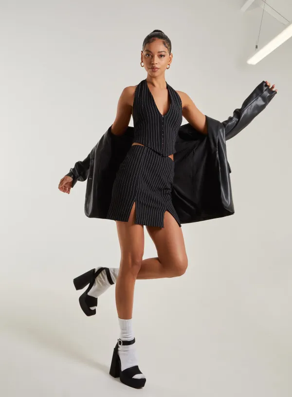 Pinstripe Split Hem Skirt - - Black