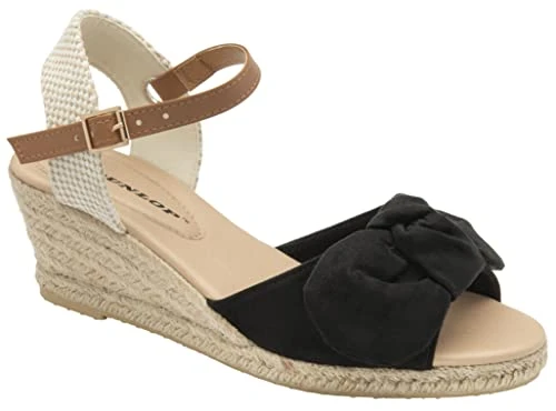 Piper Ladies Womens Espadrille Wedge Sandals Ankle Strap Summer Shoes (Black, UK_Footwear_Size_Syste