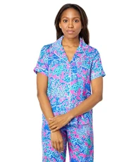 PJ Woven Short Sleeve Top, Plumeria Pink Untamed Hearts, XS