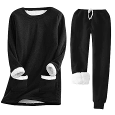 Pjs for Women Sets Ladies Winter Warm Fleece Pajama Tracksuit Plus Size Long Sleeve Sherpa Lined Jumper Tops Elastic Waist Pjs Bottoms 2 Piece Nightwear Thermal Loungewear