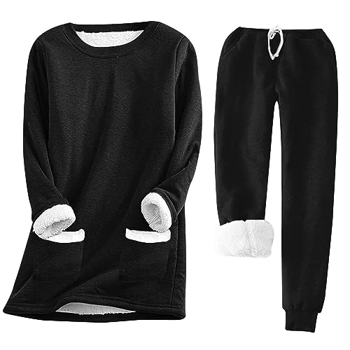 Pjs for Women Sets Ladies Winter Warm Fleece Pajama Tracksuit Plus Size Long Sleeve Sherpa Lined Jumper Tops Elastic Waist Pjs Bottoms 2 Piece Nightwear Thermal Loungewear