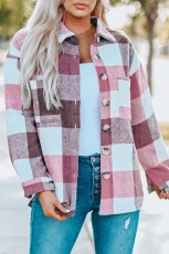 Plaid Colour Block Buttoned Long Sleeve Jacket with Pocket - RED / / 95%POLYESTER+%SPANDEX Plaid Colour Block Buttoned Long Sleeve Jacket with Pocket - RED / / 95%POLYESTER+%SPANDEX