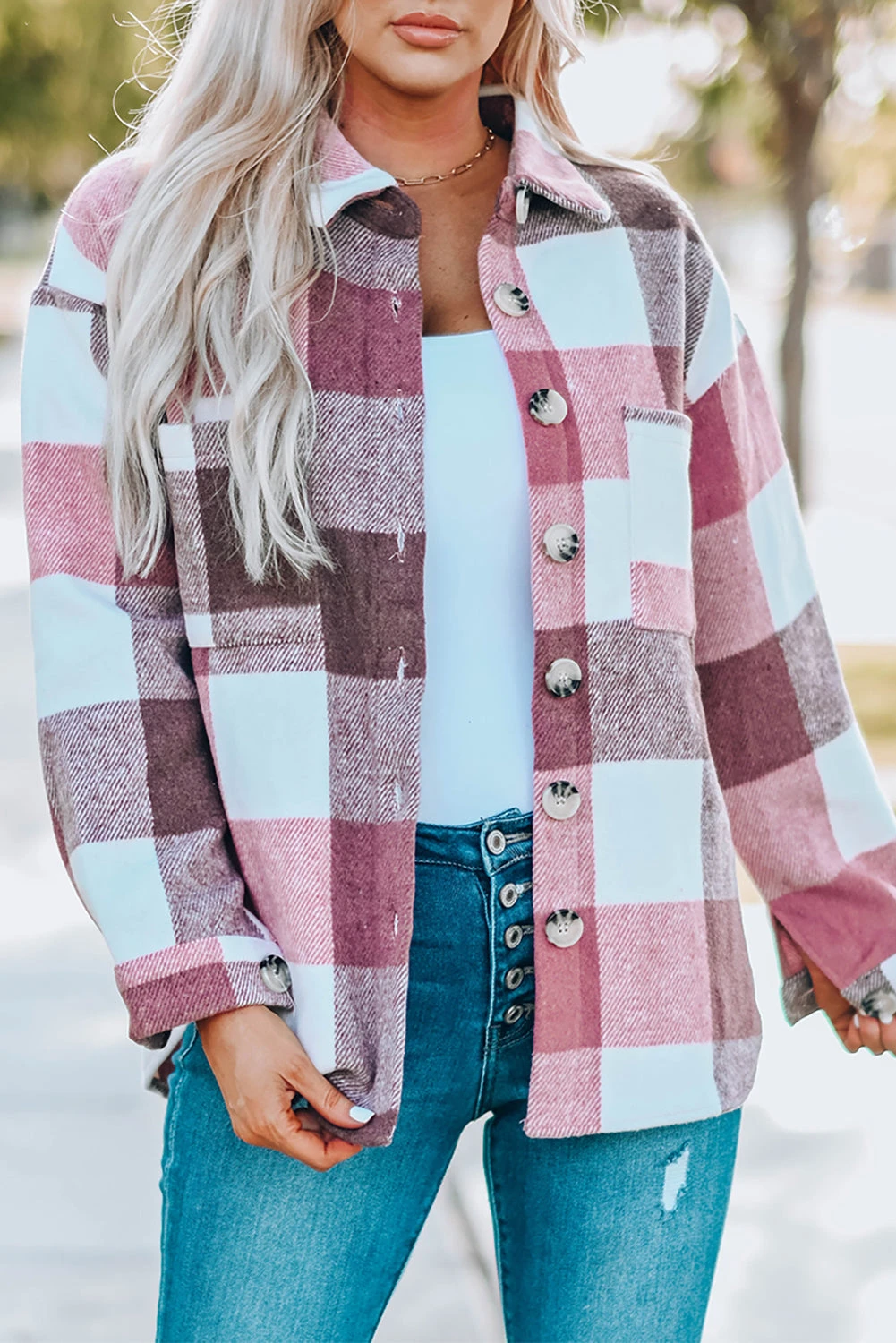 Plaid Colour Block Buttoned Long Sleeve Jacket with Pocket - RED / / 95%POLYESTER+%SPANDEX