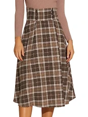 Plaid High Elastic Waist for Women Vintage Fall Winter A-Line Midi Skirt Brown M Plaid High Elastic Waist for Women Vintage Fall Winter A-Line Midi Skirt Brown M