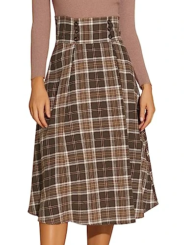 Plaid High Elastic Waist for Women Vintage Fall Winter A-Line Midi Skirt Brown M