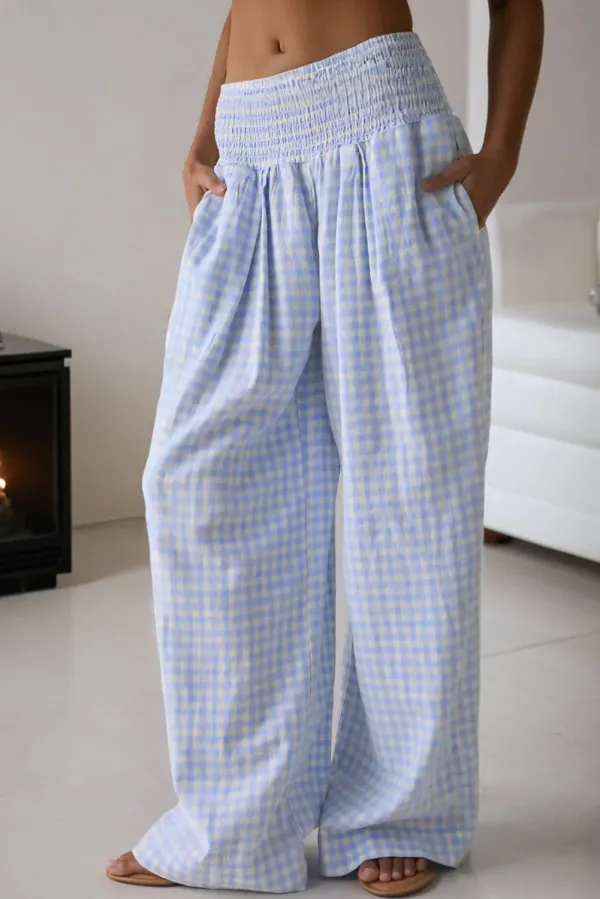 Plaid Print Smocked High Waist Loose Trousers - Blue / L