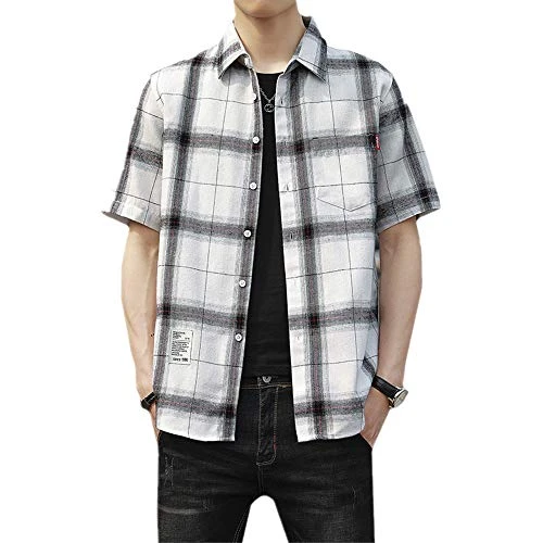 Plaid Shirt Short Sleeve Summer Pattern Fashion Versatile Top Men's wear White