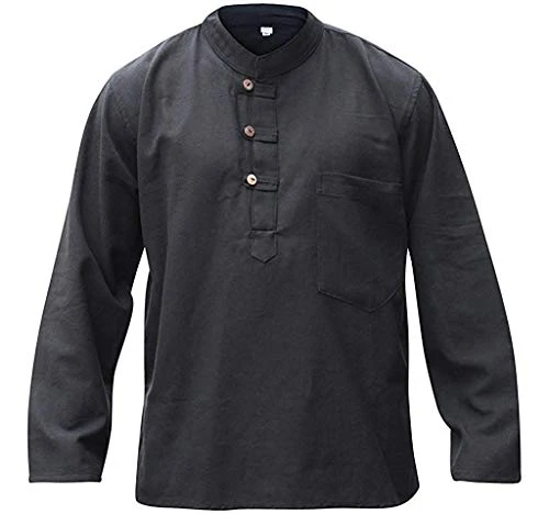 Plain Hemp Fabric Band Collar Hippy Grandad Shirts for Men, Black, 3XL