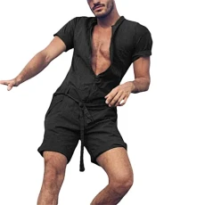 Plain short sleeve casual men's jumpsuit for men fitness suit, black, XXL