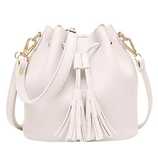 Plain Single Shoulder Women's Tassel Shoulder Bag, Drawstring Shoulder Bag, PU Shoulder Bag, Women's Shoulder Bags, Yellow, White, One Size