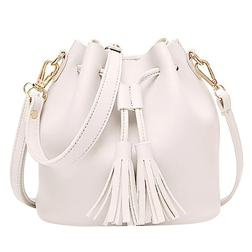 Plain Single Shoulder Women's Tassel Shoulder Bag, Drawstring Shoulder Bag, PU Shoulder Bag, Women's Shoulder Bags, Yellow, White, One Size