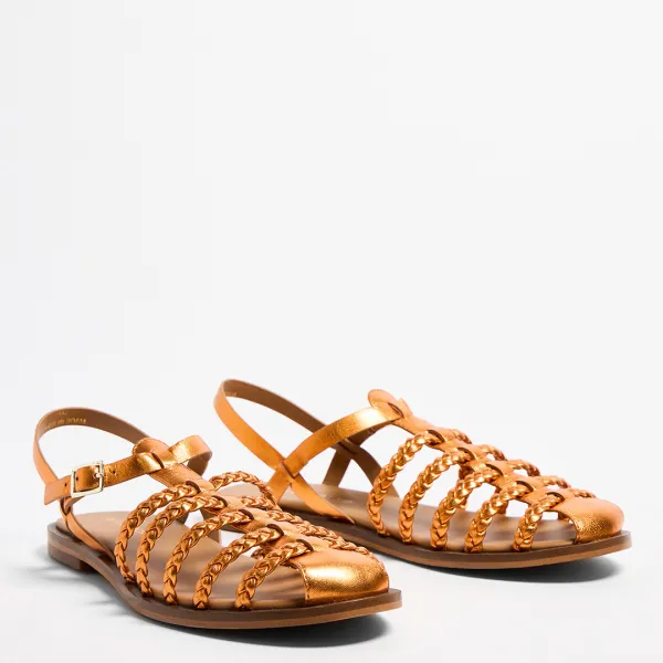 Plait Detail Metallic Orange Leather Gladiator Sandals - Multi