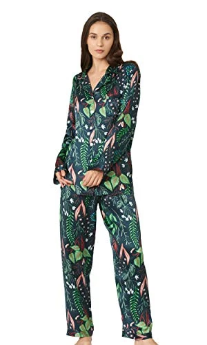 Plant Print Long Silk Pyjamas Set for Women 2Pcs 100% Charmeuse Silk of 19 Momme Silk Weight Nigtwear Red Flower with Blue Size L