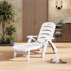 Plastic Foldable Outdoor Garden Sun Lounger Recliner with Wheels - White