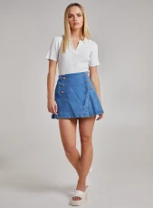 Pleated Button Detail Denim Skirt  - 14  - Denim