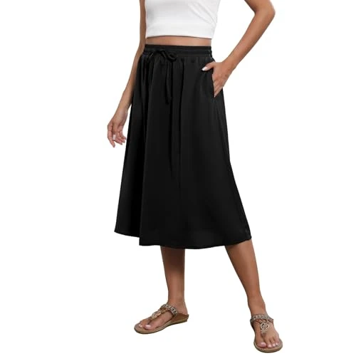 Pleated Midi Skirts for Women with Pockets, Elastic High Waisted Skirt Womens Summer Skirts Trendy Black