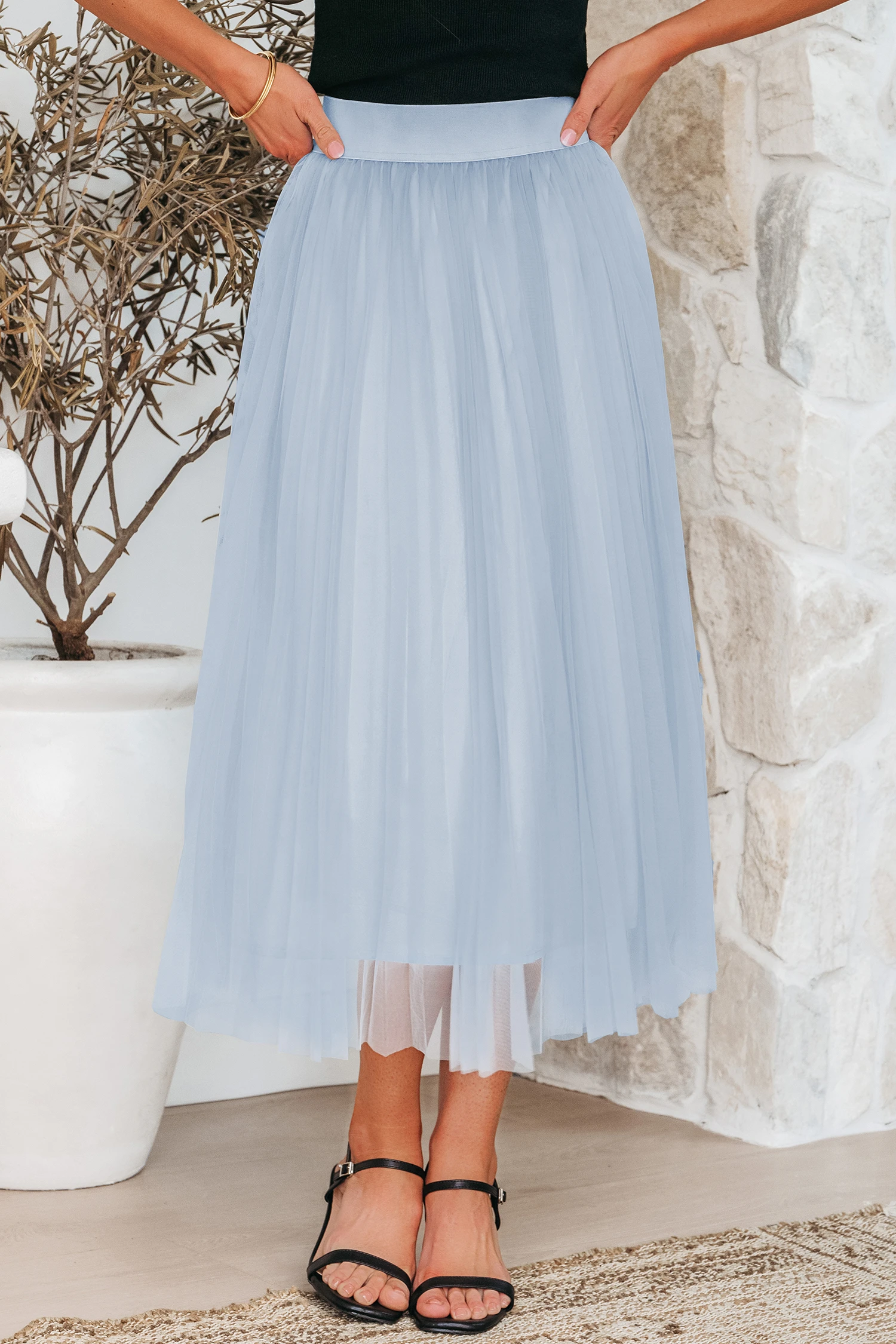Pleated Tulle Midi Skirt - Pink