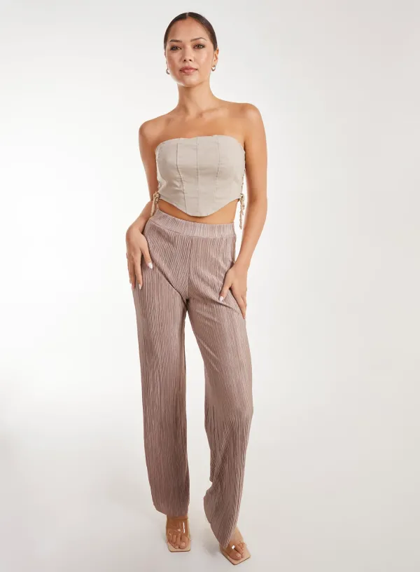 Plisse Flared Trousers - - MOCHA