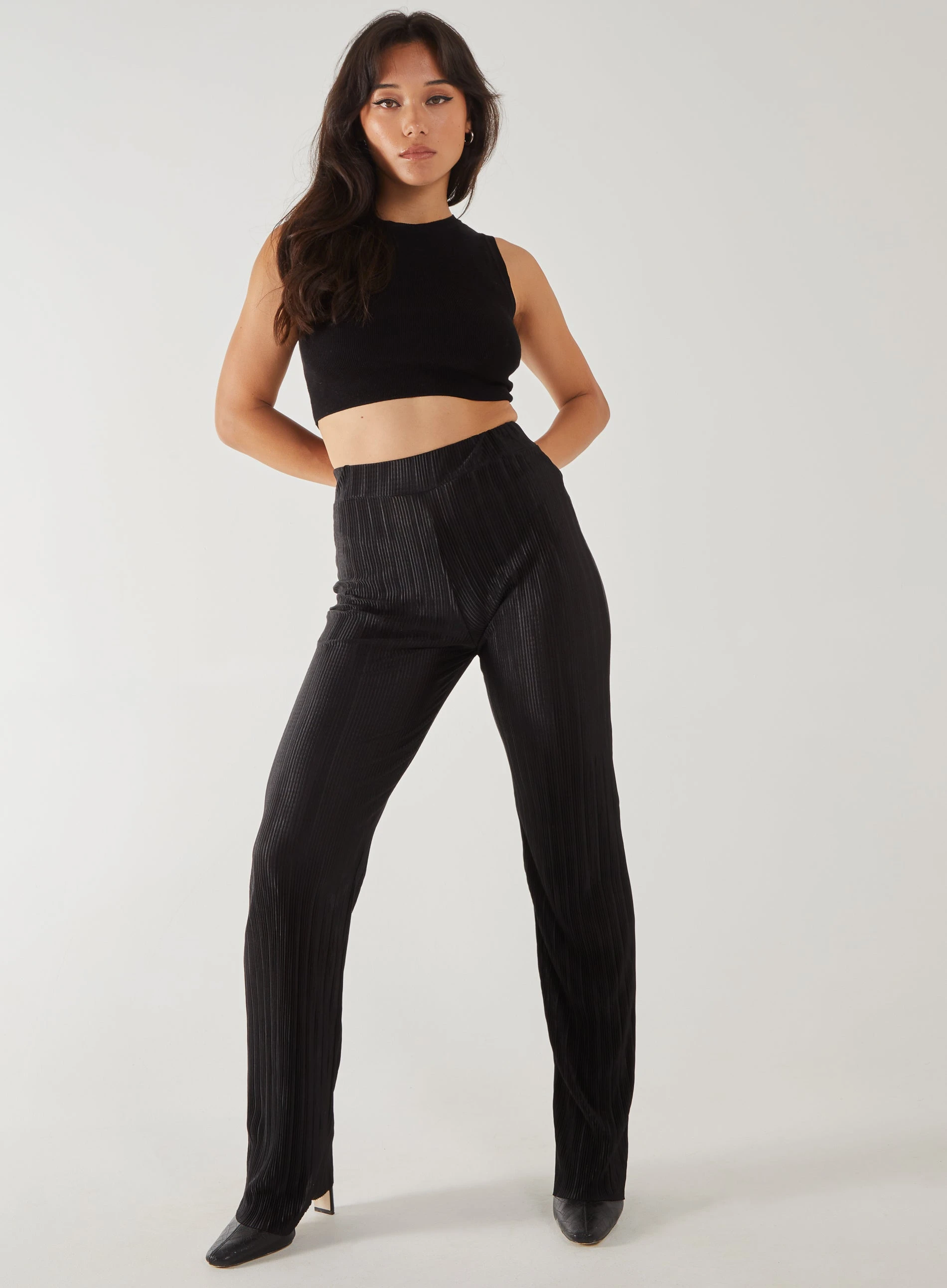 Plisse Flared Trousers  - S  - Black