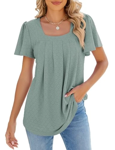 Plus Size Clothing for Women, Ladies Tops Short Sleeve Loose T-Shirts V-Neck Casual Fashion Summer Blouses Holiday Going Out Tunic Shirt Green 2X-Large