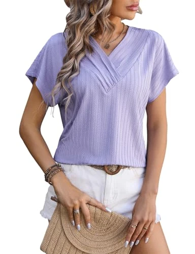 Plus Size Clothing for Women, Ladies Tops Short Sleeve Loose T-Shirts V-Neck Casual Fashion Summer Blouses Holiday Going Out Tunic Shirt Purple 2X-Large