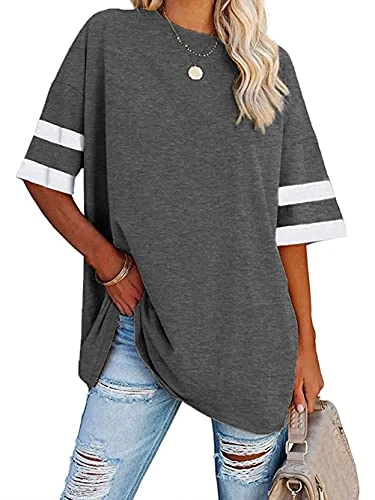 Plus Size Color Block Tunic Tshirts Ladies Round neck Striped Half Sleeve Baseball T Shirt Dark Grey