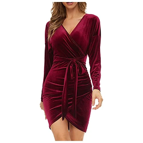 Plus Size Dress for Women Sexy V Neck Wrap Elegant Cocktail Party Dresses Velvet Spring Long Sleeve Dinner Dress Wine