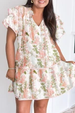 Plus Size Floral Print Striped Detail Short Summer Dress - Pink / 1X