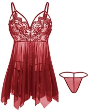 Plus Size Lingerie for Women Lace Babydoll Chemise Sleepwear Nightwear Wine Red, XL