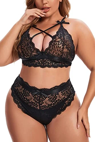 Plus Size Lingerie for Women Lace Bra and Panties Set Sexy Bralette Set, 30-32, New Black, 4XL