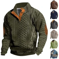 Plus Size Mens Jumper Sweatshirt Button up with Elbow Patches Casual Wool Sweaters Stand up Collar F