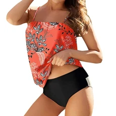 Plus Size Swimming Costume Women Bandeau Tummy Control Tank Top with Brief Two Piece Floral Printed Bathing Suits Halter V Neck Women Bikini Set Swimwear Padded High Waist Swimsuit Sale