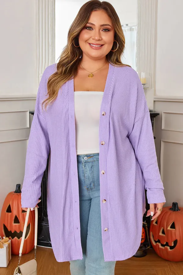 Plus Size Waffle Knit Button Front Cardigan - Purple / 1X