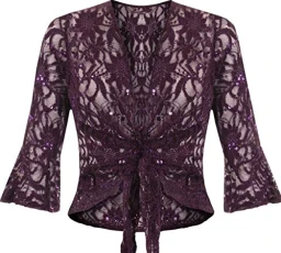 Plus Size Women Floral Lace Sequin Tie Front Top Ladies Flared Sleeves Bolero Shrug Purple 18