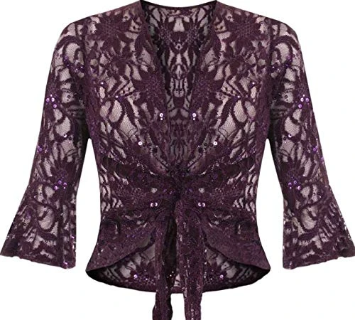 Plus Size Women Floral Lace Sequin Tie Front Top Ladies Flared Sleeves Bolero Shrug Purple 18