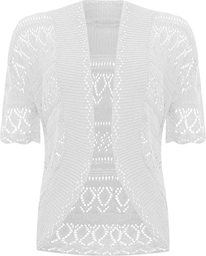 Plus Size Womens Crochet Knitted Short Sleeve Ladies Shrug Cardigan Top - White - 20-22