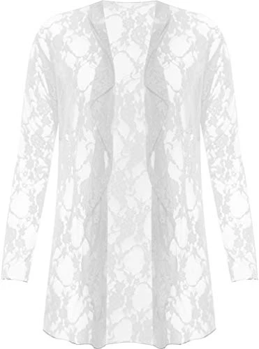 Plus Size Womens Floral Lace Open Cardigan Ladies Long Sleeve Waterfall Top - White - 24/26