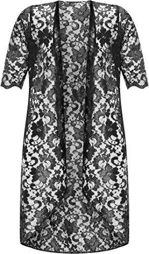 Plus Size Womens Floral Lace Short Sleeve Open Ladies Long Cardigan - Black - 22-24