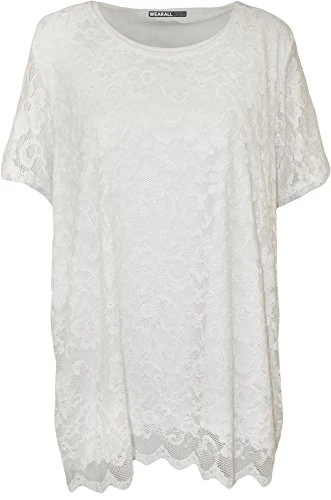 Plus Size Womens Lace Lined Scallop Edge Ladies Short Sleeve T-Shirt Top - White - 26-28