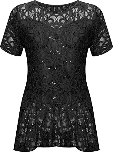 Plus Size Womens Lace Sequin Ladies Short Sleeve Peplum Frill Top - Black - 22-24