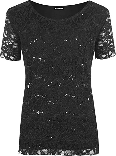 Plus Size Womens Lace Sequin Lined Ladies Sleeve Party Crochet Top - Black - 20/22