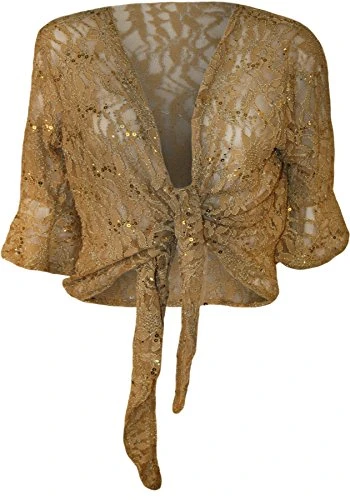 Plus Size Womens Sequin Lace Tie Up 3/4 Bell Sleeve Ladies Crochet Party Top - Gold 12/14