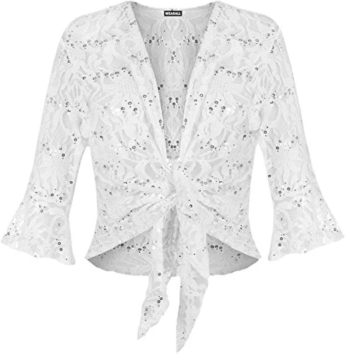 Plus Size Womens Sequin Lace Tie Up 3/4 Bell Sleeve Ladies Crochet Party Top - White 24/26